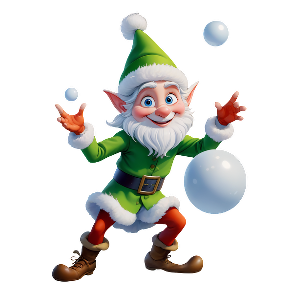 A cheerful cartoon elf in a green outfit and floppy hat, playfully juggling snowballs with a joyful expression.DTF Transfersdtf regular iron