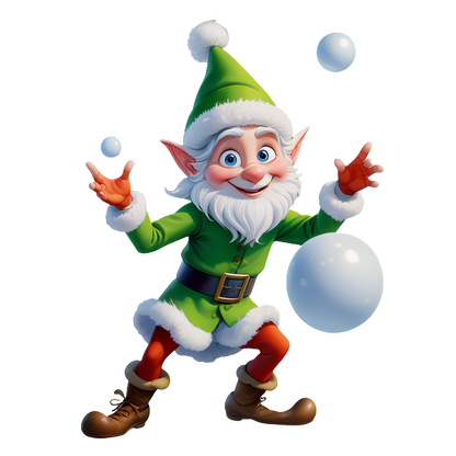 A cheerful cartoon elf in a green outfit and floppy hat, playfully juggling snowballs with a joyful expression.DTF Transfersdtf regular iron