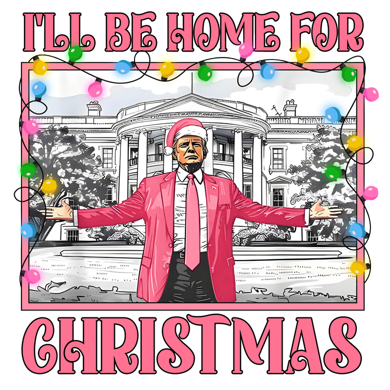 A whimsical Christmas-themed illustration featuring a character in a pink suit and hat, with festive lights and a White House backdrop.DTF Transfers dtf prints