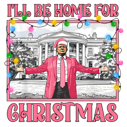 A whimsical Christmas-themed illustration featuring a character in a pink suit and hat, with festive lights and a White House backdrop.DTF Transfers dtf prints