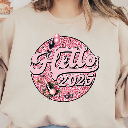 Celebrate 2025 in style with this vibrant, pink leopard print design featuring champagne, balloons, and a festive mask!DTF Transfers dtf transfersdtf regular iron dtf transfers