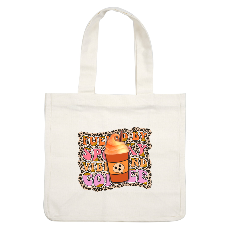 A playful illustration featuring a coffee cup topped with orange cream and a skull design, surrounded by fun, colorful text.dtf regular iron