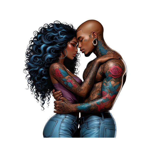 A couple embraces passionately, showcasing vibrant tattoos and stylish denim, with the woman featuring voluminous curly hair and the man sporting a shaved head.DTF Transfers heat press transfers