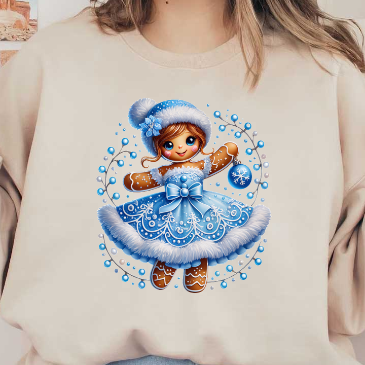 This charming gingerbread girl wears a winter-themed blue dress and hat, adorned with snowflakes and a festive ornament.DTF Transfers