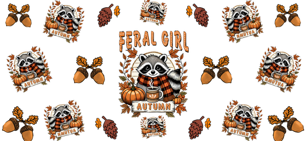 Charming autumn-themed graphic featuring a raccoon wearing a scarf, surrounded by pumpkins, leaves, and the text "Feral Girl."UV Transfers dtf transfers
