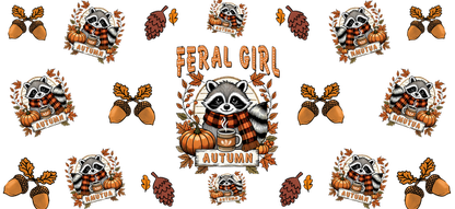 Charming autumn-themed graphic featuring a raccoon wearing a scarf, surrounded by pumpkins, leaves, and the text "Feral Girl."UV Transfers dtf transfers