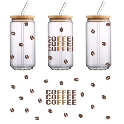 A cheerful design featuring the word "COFFEE" in various colors, surrounded by scattered coffee beans.UV Transfersdtf regular iron