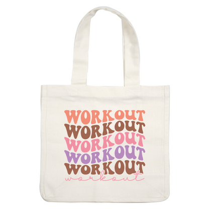 A colorful graphic featuring the word "WORKOUT" in various playful fonts and shades, perfect for fitness motivation.dtf regular iron