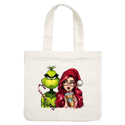 The Grinch stands grumpily next to a stylish girl sipping Starbucks, both embracing a whimsical holiday theme.DTF Transfers