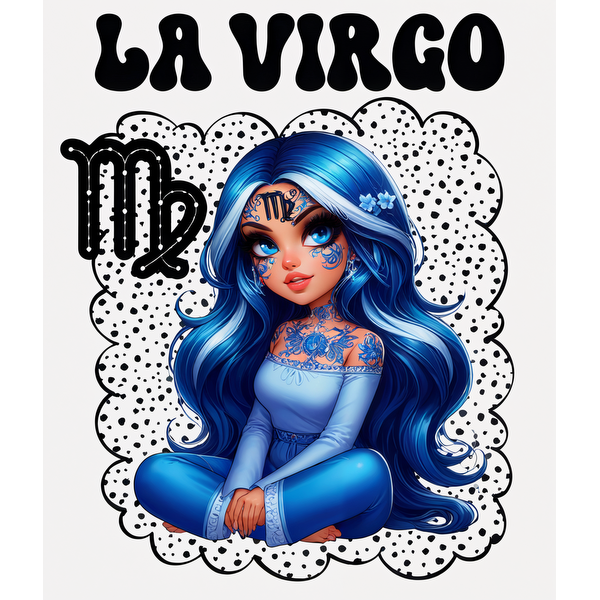 Una ilustración vibrante de un personaje de cabello azul sentado elegantemente con motivos del zodíaco, resaltado por intrincados tatuajes y acentos florales.