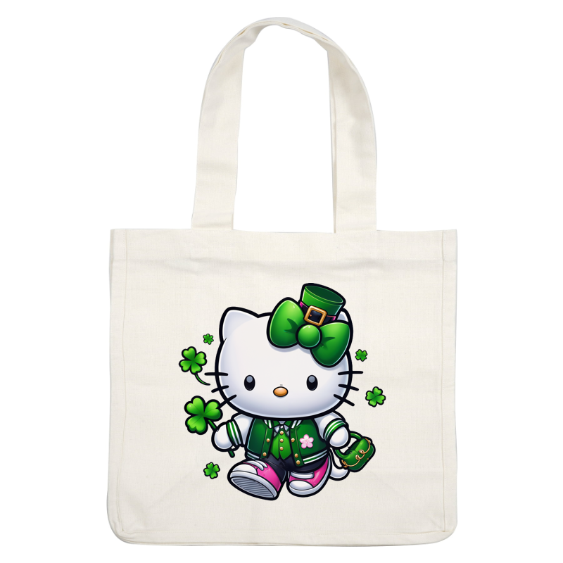 Hello Kitty is dressed in a festive green outfit with a bow, perfect for celebrating St. Patrick's Day, surrounded by clovers.DTF Transfers dtf transfers