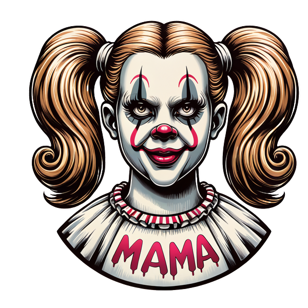 Una espeluznante ilustración de payaso que presenta a una niña con coletas, cara pintada y un vestido con la etiqueta "MAMA".