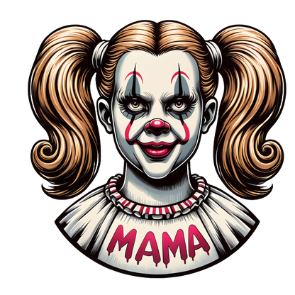 Una espeluznante ilustración de payaso que presenta a una niña con coletas, cara pintada y un vestido con la etiqueta "MAMA".