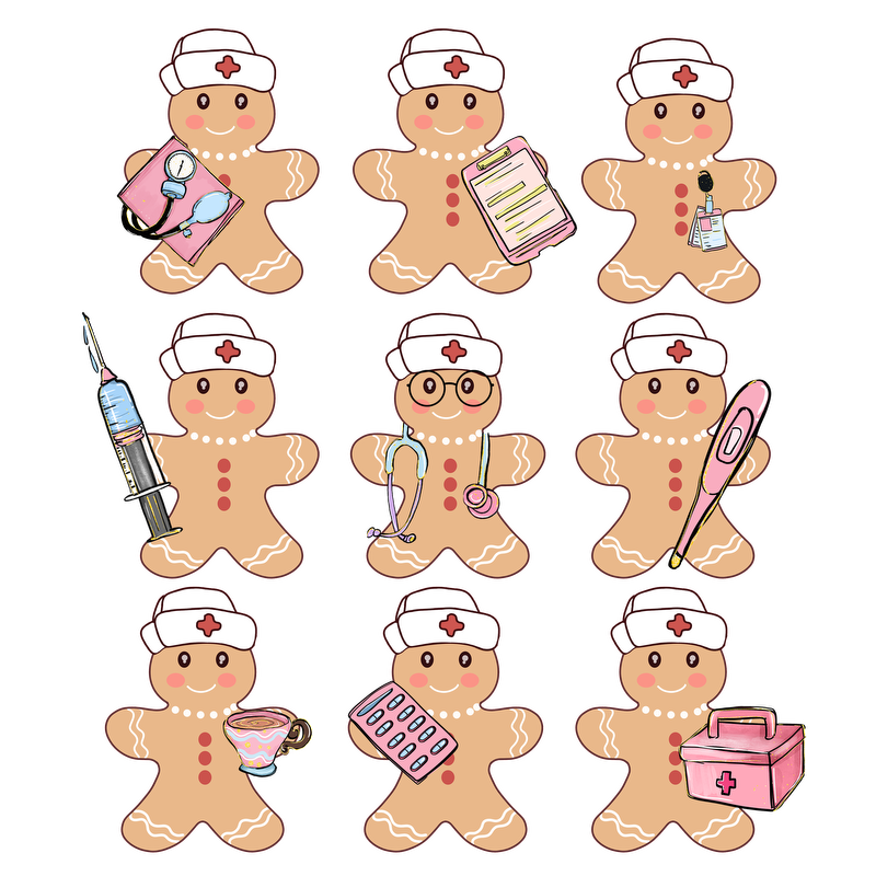 A cheerful collection of gingerbread nurse characters, each showcasing different medical tools, from syringes to stethoscopes and pillboxes.DTF Transfers