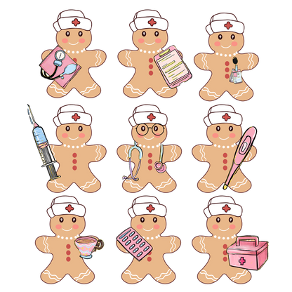 A cheerful collection of gingerbread nurse characters, each showcasing different medical tools, from syringes to stethoscopes and pillboxes.DTF Transfers