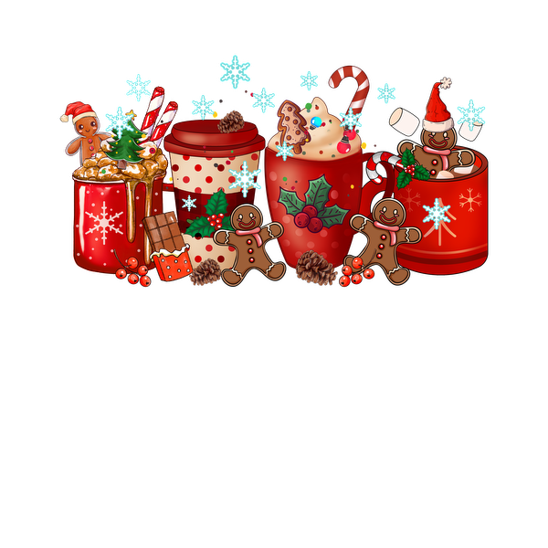 A festive arrangement of colorful holiday mugs, adorned with gingerbread men, candy canes, and sweet toppings, perfect for celebrating winter. heat press transfers