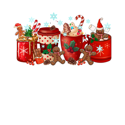 A festive arrangement of colorful holiday mugs, adorned with gingerbread men, candy canes, and sweet toppings, perfect for celebrating winter. heat press transfers