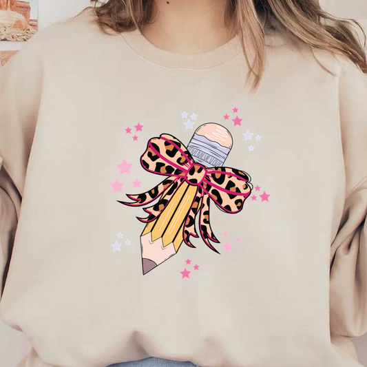 A cute pencil adorned with a leopard print bow and surrounded by colorful stars, perfect for adding flair to your stationery!DTF Transfers