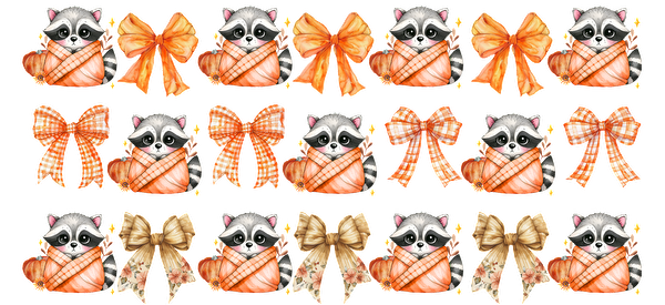 A charming collection of raccoon illustrations wrapped in cozy fabrics, adorned with various orange and gold bows, perfect for autumn themes.UV Transfers heat press transfers