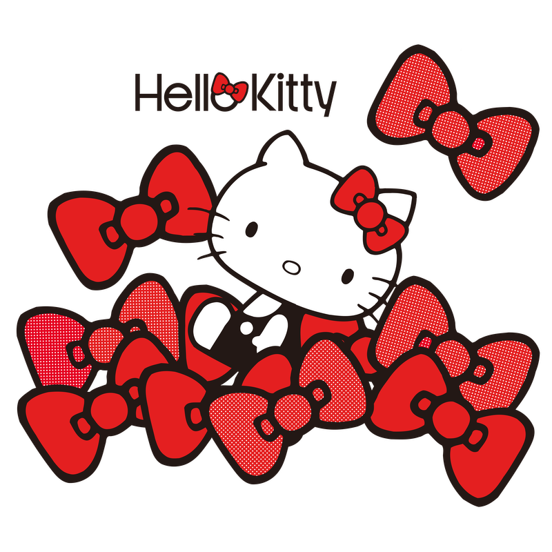 A playful illustration featuring Hello Kitty surrounded by an array of vibrant red bows, showcasing her signature cute style.DTF Transfers