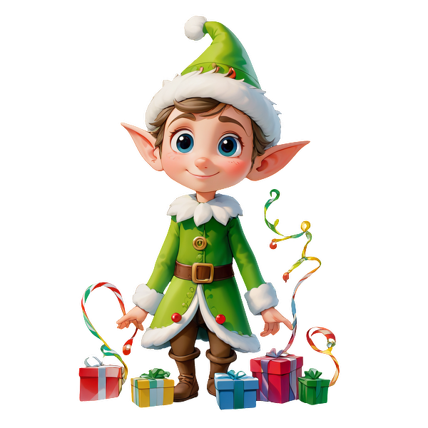 A cheerful cartoon elf in a green outfit with a festive hat, surrounded by colorful wrapped presents and playful streamers.DTF Transfers heat press transfers