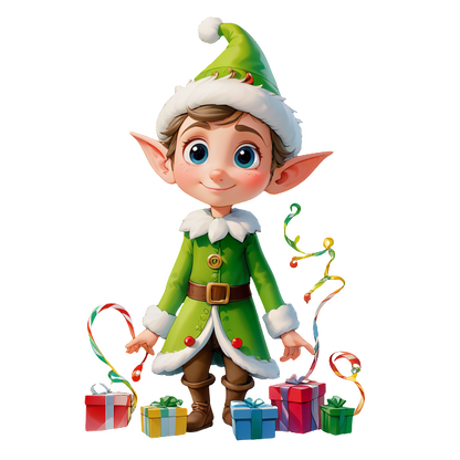 A cheerful cartoon elf in a green outfit with a festive hat, surrounded by colorful wrapped presents and playful streamers.DTF Transfers heat press transfers