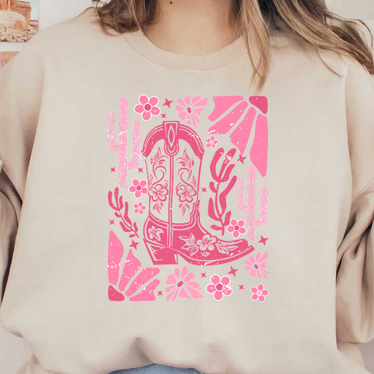 A whimsical illustration featuring a pink cowboy boot surrounded by cacti, flowers, and playful design elements for a fun country vibe.DTF Transfers