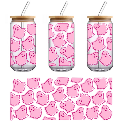 Un patrón divertido que presenta lindos fantasmas rosados, cada uno con expresiones distintivas y formas variadas, perfectos para un diseño divertido. Transferencias UV