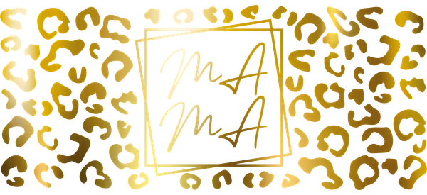 Stylish logo featuring a gold leopard print background with elegant cursive lettering in a decorative square frame.UV Transfers