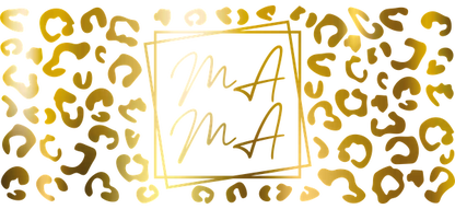 Stylish logo featuring a gold leopard print background with elegant cursive lettering in a decorative square frame.UV Transfers