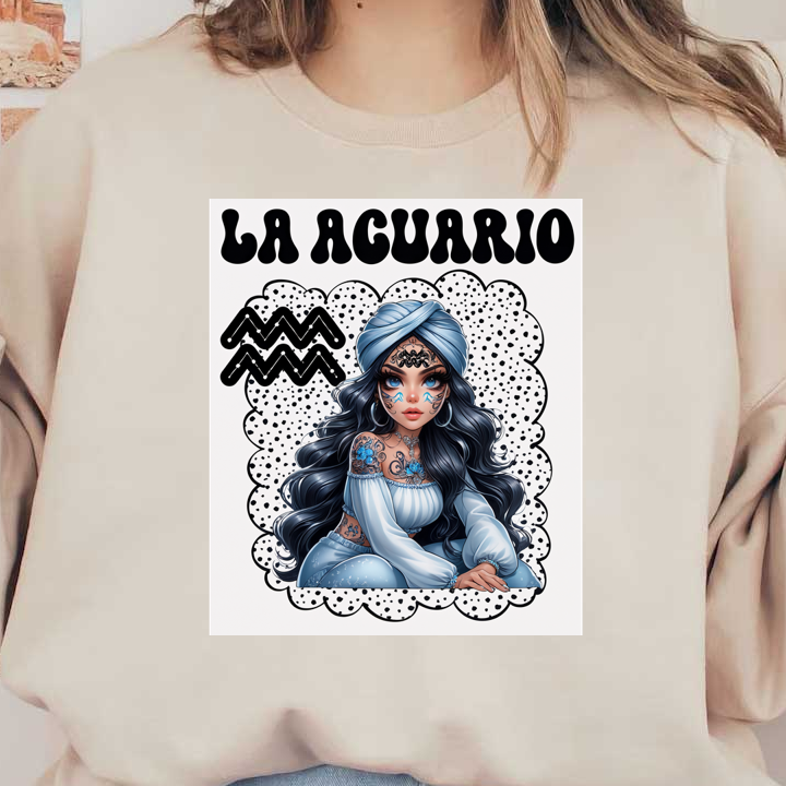 Una impresionante ilustración de una mujer vestida de azul con intrincados tatuajes y un pañuelo en la cabeza, que representa el signo zodiacal de Acuario.