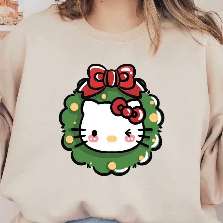 This adorable illustration features Hello Kitty peeking through a festive wreath adorned with bright red bows and cheerful ornaments.DTF Transfers