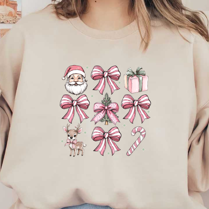 A charming collection of Christmas illustrations featuring Santa, a deer, a decorated tree, gifts, candy canes, and pink bows. heat press transfers