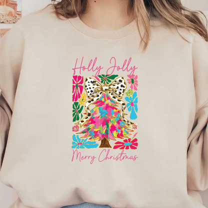 Brighten your holiday spirit with this colorful "Holly Jolly Merry Christmas" design featuring a vibrant Christmas tree and playful floral accents!DTF Transfers