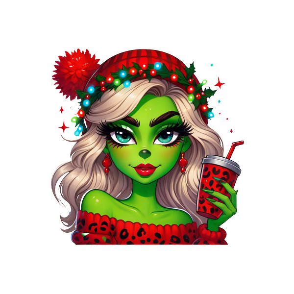 A vibrant, festive character with green skin, wearing a cozy red sweater and a holiday hat, holding a seasonal drink.DTF Transfers heat press transfers