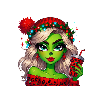 A vibrant, festive character with green skin, wearing a cozy red sweater and a holiday hat, holding a seasonal drink.DTF Transfers heat press transfers