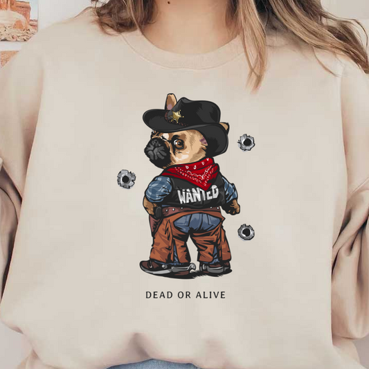 Una divertida ilustración de un pug vestido de vaquero, con un pañuelo y un chaleco con la leyenda "WANTED", captura un divertido tema occidental.