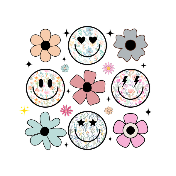 A vibrant collection of cheerful smiley faces and colorful flowers, each adorned with unique floral patterns and playful designs. heat press transfers