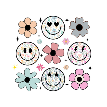 A vibrant collection of cheerful smiley faces and colorful flowers, each adorned with unique floral patterns and playful designs. heat press transfers