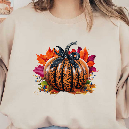 Una elegante calabaza con estampado de leopardo adornada con un lazo de lunares negros, rodeada de coloridas hojas y bayas otoñales.