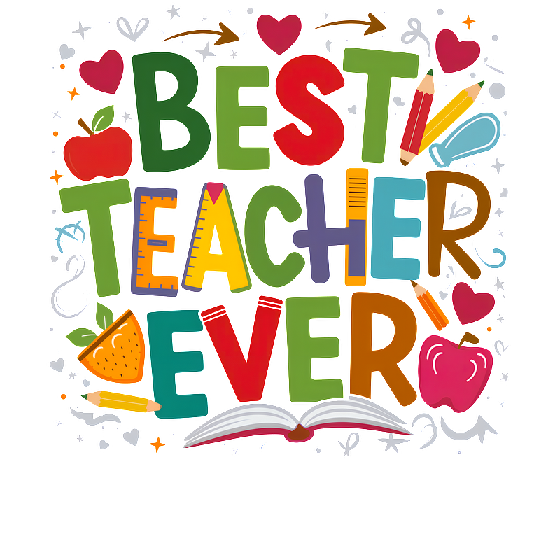 A colorful and whimsical design celebrating educators with the phrase "Best Teacher Ever," featuring fun illustrations like apples and books.DTF Transfers