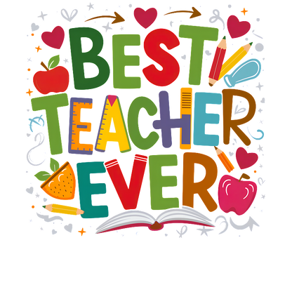 A colorful and whimsical design celebrating educators with the phrase "Best Teacher Ever," featuring fun illustrations like apples and books.DTF Transfers