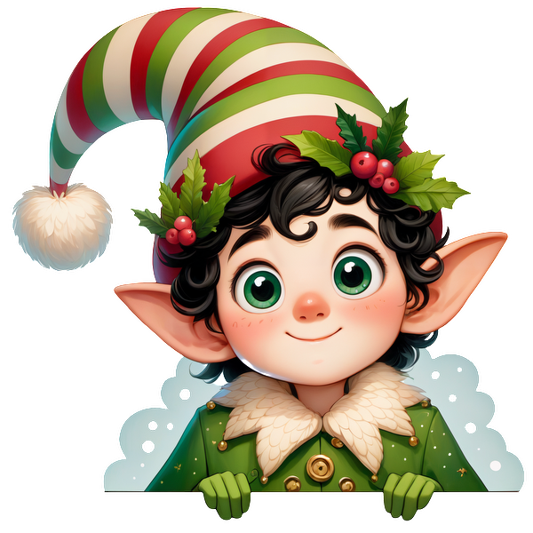 A cheerful cartoon elf with big green eyes, wearing a striped red and green hat adorned with holly and soft collar.DTF Transfers dtf transfers