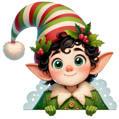 A cheerful cartoon elf with big green eyes, wearing a striped red and green hat adorned with holly and soft collar.DTF Transfers dtf transfers