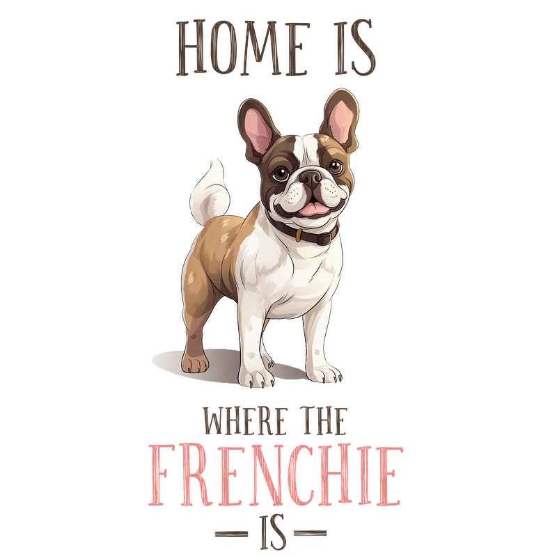 A cheerful illustration of a French Bulldog with the phrase, "Home is where the Frenchie is," highlighting its adorable charm.DTF Transfers