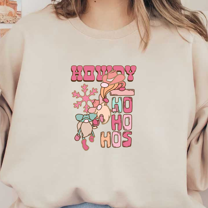 Un diseño festivo caprichoso con personajes divertidos y texto festivo, que combina "Howdy" y "Ho Ho Ho" con alegres colores pastel.