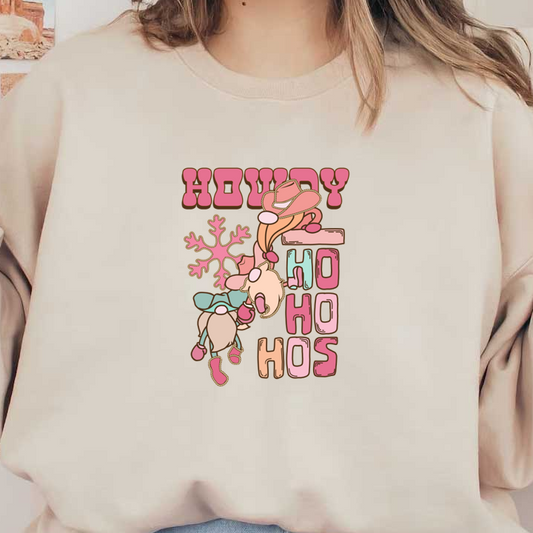 A whimsical holiday design featuring playful characters and festive text, blending "Howdy" and "Ho Ho Ho" with cheerful pastel colors.dtf regular iron