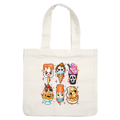 A fun collection of Halloween-themed desserts featuring spooky ice cream, popsicles, and treats, all with playful, chilling designs. heat press transfers