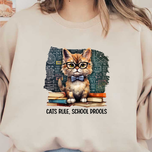 A humorous illustration of a scholarly cat wearing glasses and a bow tie, surrounded by books and mathematical equations. heat press transfers