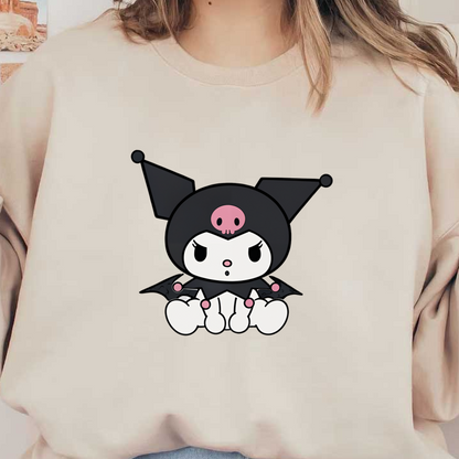 This adorable character features a playful design with a black costume, bat wings, and a pink skull on its head.DTF Transfers